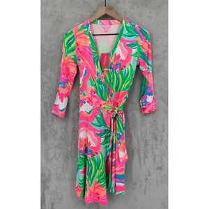Lilly Pulitzer Dress XS Pink Green Floral Emilia Wrap Stretch Vacation Party NEW
